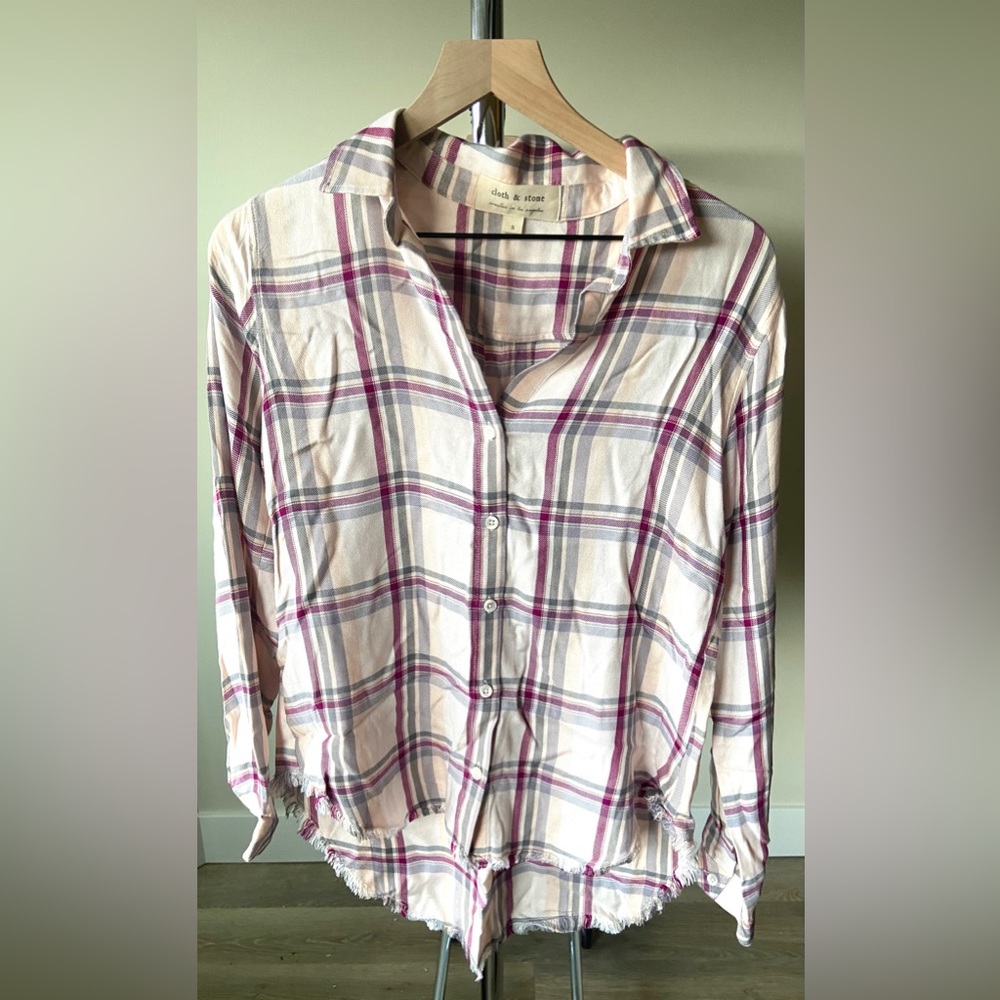 S Anthropologie Cloth and Stone plaid Fringe Button Down Shirt